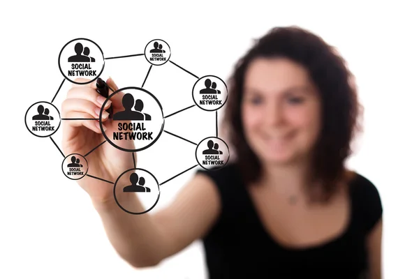 Mulher desenhando um esquema de rede social em um quadro branco — Fotografia de Stock