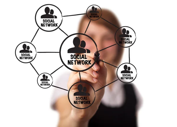 Empresário desenhando um esquema de rede social em um quadro branco 2 — Fotografia de Stock