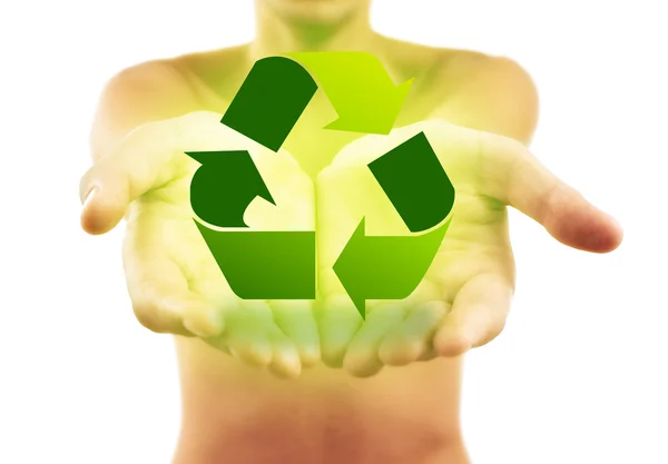 Tartó kezek recycle jel — Stock Fotó