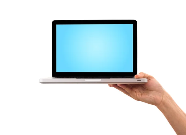 Una mano maschile in possesso di un computer portatile — Foto Stock