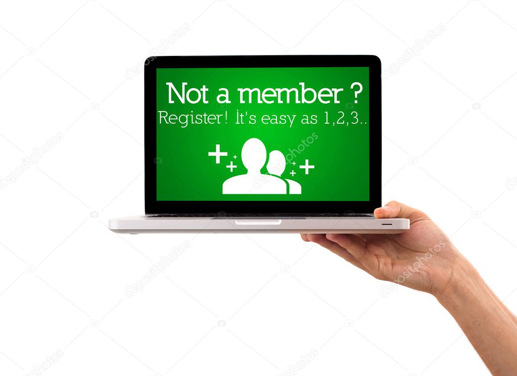 Hand holding laptop with register sign