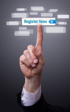 Hand pressing register now button clipart