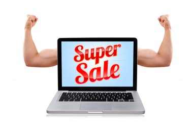 Laptop with super sale sign and muscular biceps clipart