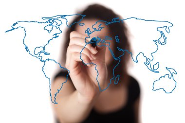 Woman drawing the world map in a whiteboard clipart