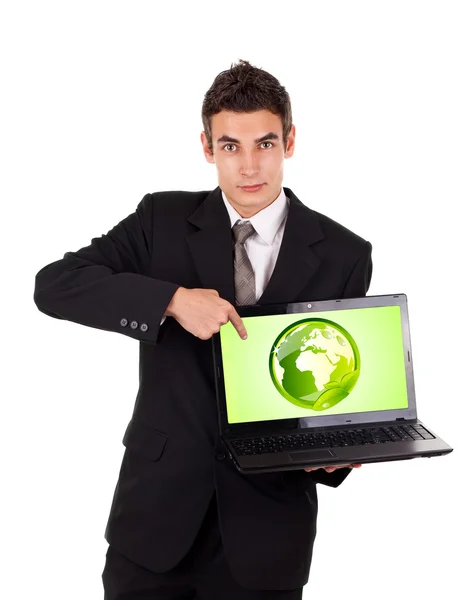 Business man pointing at eco world — Stock Photo, Image