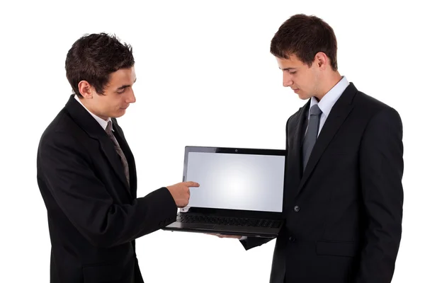 Бізнесмен показує на порожньому ноутбуці 2 — стокове фото