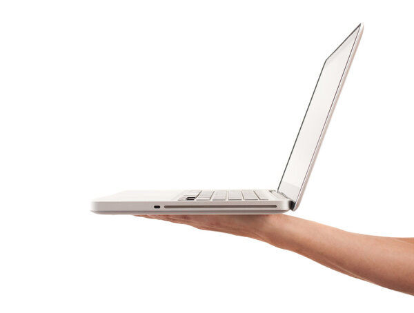 Hand holding laptop, isolated on white background