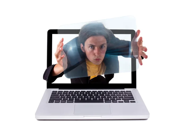 Crazy man in een laptop — Stockfoto