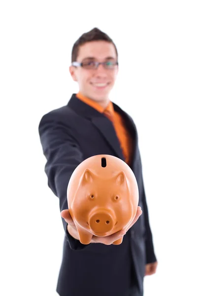 Man holds a piggy bank — Stock Photo, Image