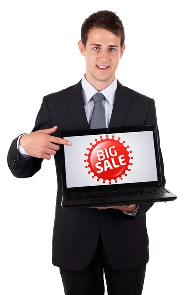 Ο άνθρωπος των επιχειρήσεων δείχνει σε ένα πολύχρωμο πώληση ετικέτα 3 — Φωτογραφία Αρχείου