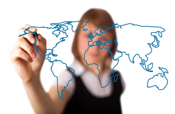 女人在白板 3 中绘制的世界地图 — 图库照片
