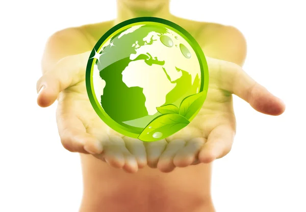 Hands holding earth with green leafs — Stock Photo, Image