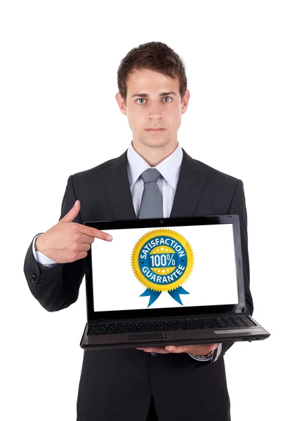 Człowiek biznesu, wskazując na komputerze przenośnym — Zdjęcie stockowe