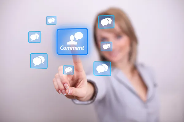 Woman pressing comment button — Stock Photo, Image