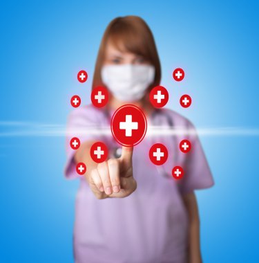 Woman doctor pressing digital button clipart