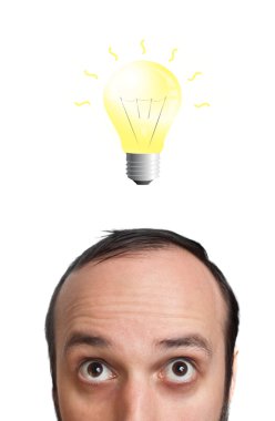 Funny young man with light bulb over his head 2 clipart