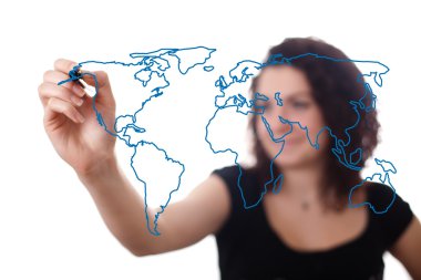 Woman drawing the world map in a whiteboard 2 clipart