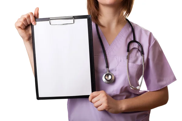 Mulher médico segurando arquivo branco em sua mão — Fotografia de Stock