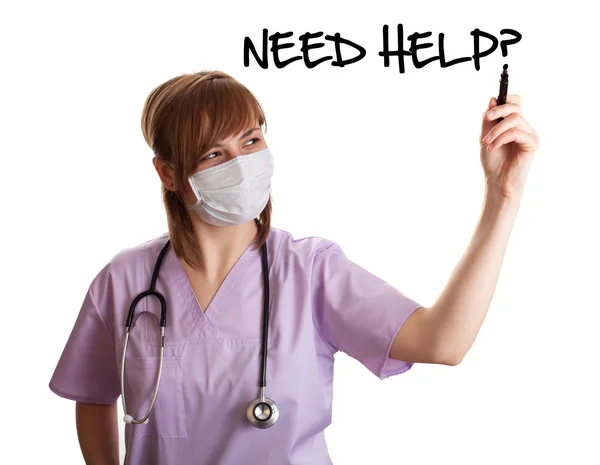 Γυναίκα γιατρός γράφοντας χρειάζεστε βοήθεια? — Φωτογραφία Αρχείου