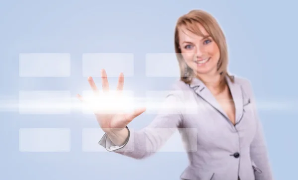 Γυναίκα πιέζοντας το χέρι ψηφιακό κουμπί — Φωτογραφία Αρχείου