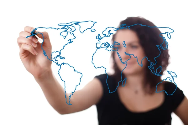 Mujer dibujando el mapa del mundo en una pizarra blanca 2 — Foto de Stock