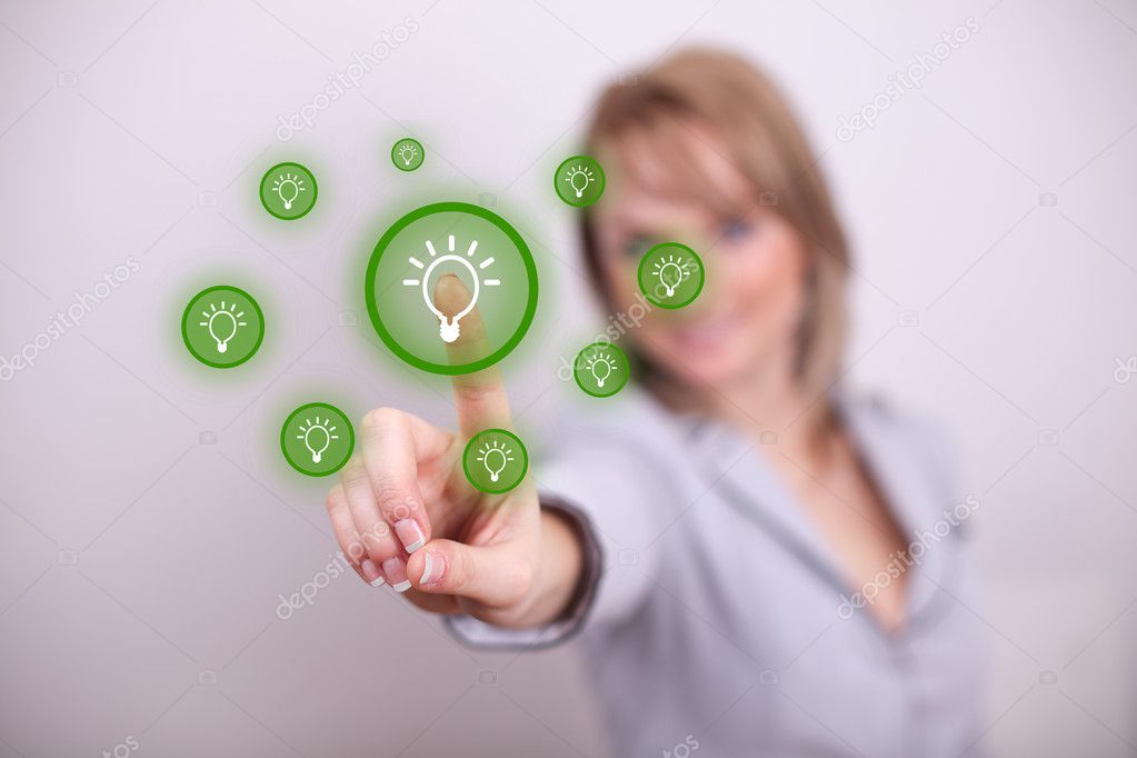 Woman pressing idea button with one hand
