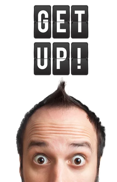 stock image Funny Young man with get up sign over head