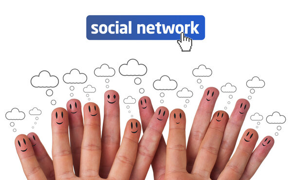 Feliz grupo de emoticonos con el icono de la red social — Foto de Stock
