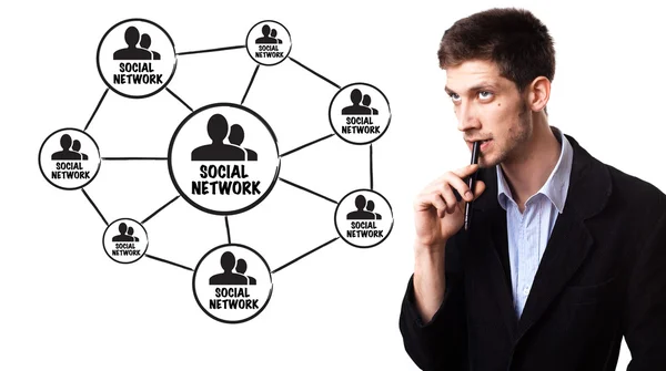 男人分析社会网络架构白板 — 图库照片