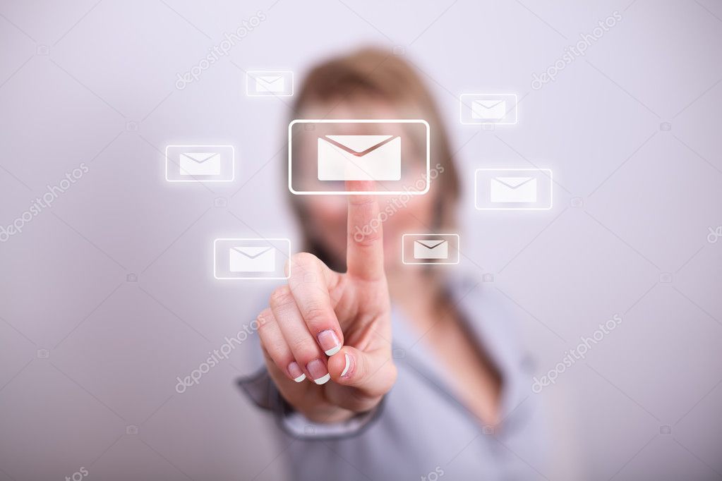 Woman pressing modern email button with one hand