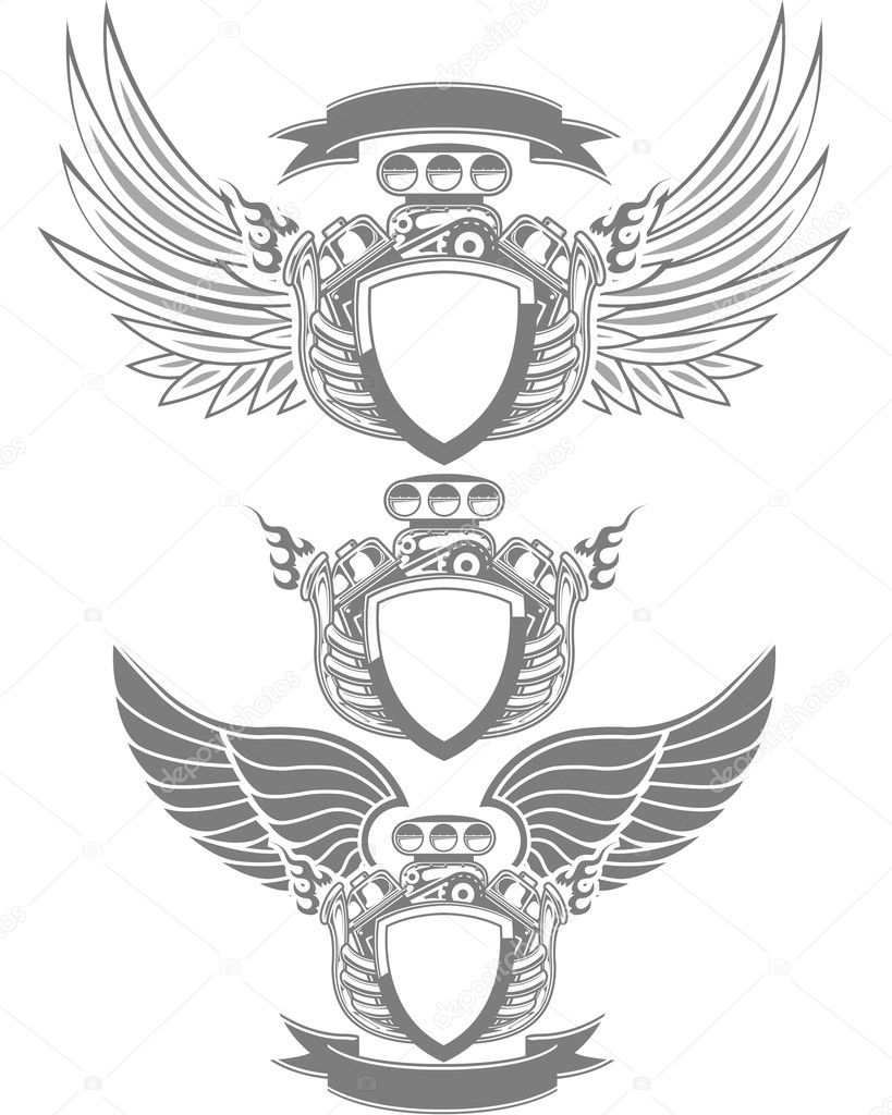 Racing emblem with engine, wings and ribbon