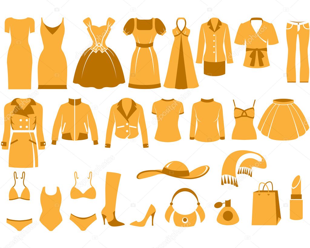 Woman's clothes, Fashion and Accessory icon set