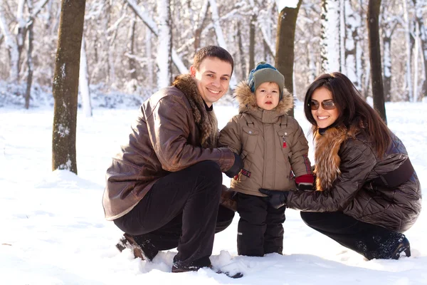 Família atraente se divertindo em um parque de inverno — Fotografia de Stock