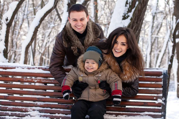 Famille attrayante s'amuser dans un parc d'hiver Photo De Stock
