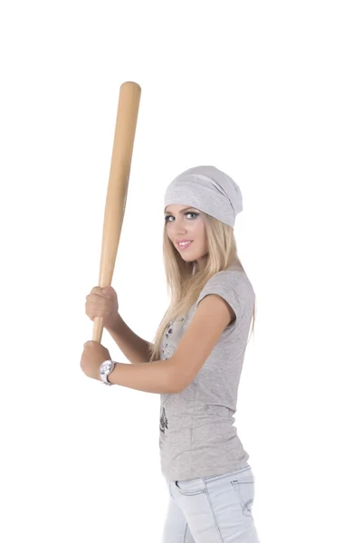 The girl with a bat on a white background — Stock Photo, Image