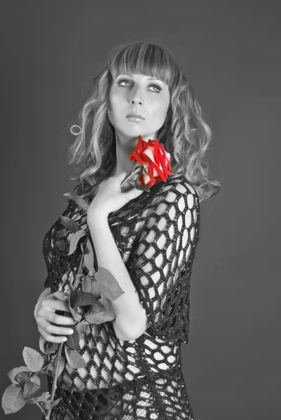 La hermosa chica con una flor roja en las manos, centrándose en los ojos — Foto de Stock