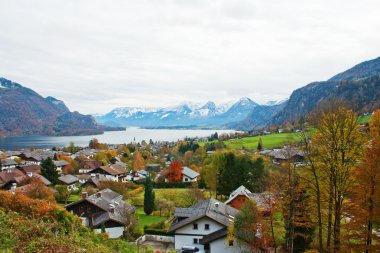 A picturesque landscape of Mondsee lake with multiple cottages on its bank clipart