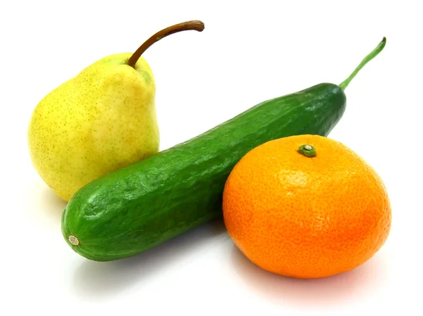 Cucumber with a tangerine and a pear — Stock Photo, Image