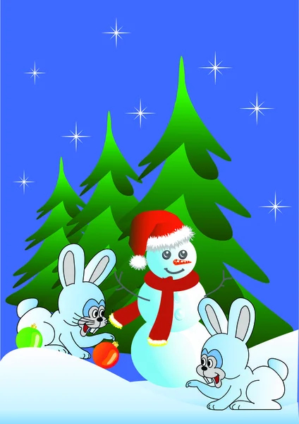 Hare and snowman (vector version) — Stock Vector