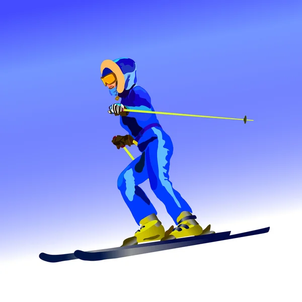 गडद निळा ओव्हरलमध्ये स्कीवर मुलगी डोंगरावरून जाते — स्टॉक फोटो, इमेज
