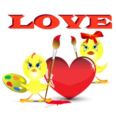 Two chickens on the Valentine's day paint heart clipart