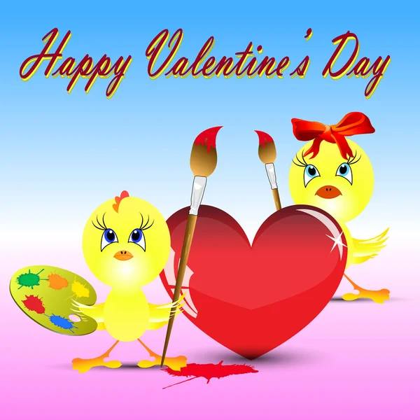 Two Chickens Valentine Day Paint Heart — Stock Photo, Image