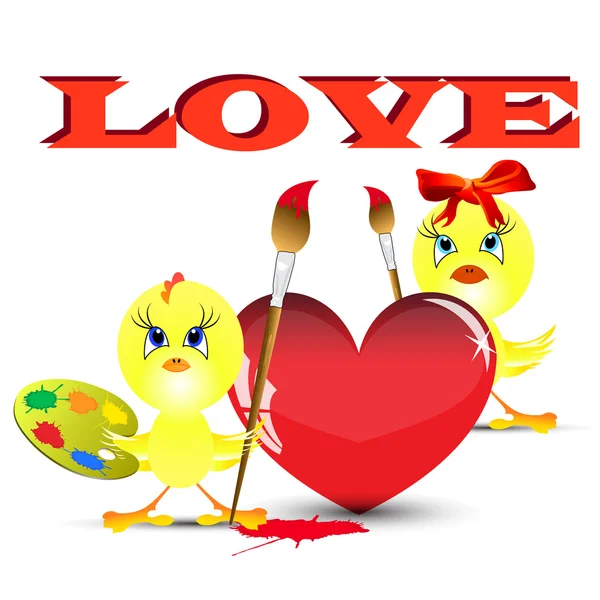Två Kycklingar Alla Hjärtans Dag Färg Hjärta — Stockfoto
