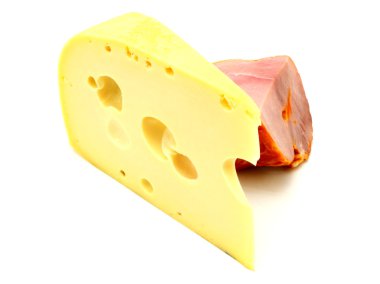 Piece of yellow cheese with a meat piece on a white background clipart