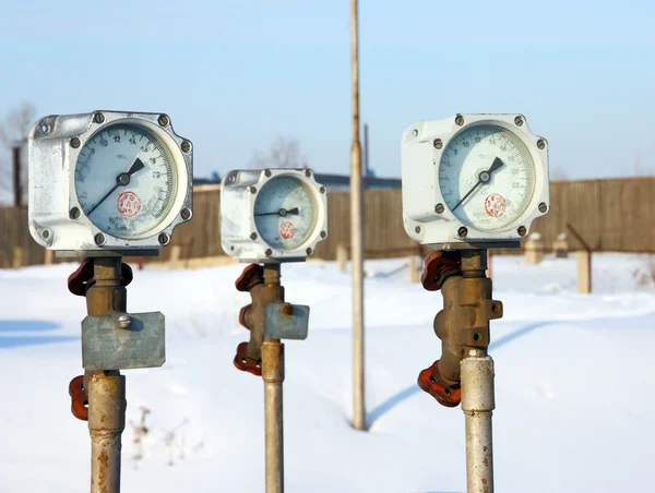 Velho Manômetro Gás Inverno Hoarfrost — Fotografia de Stock