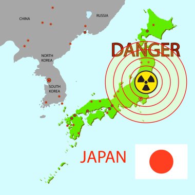 Japan map with danger on an atomic power station clipart