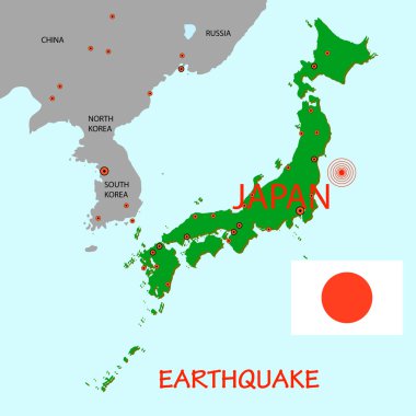 Japan map with epicenter of strong earthquake clipart