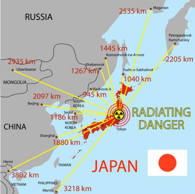 Japan map with danger on an atomic power station clipart