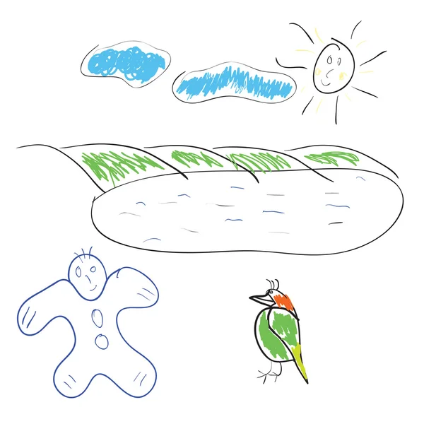 Children's drawing the sun a bird and the boy — Stock Photo, Image