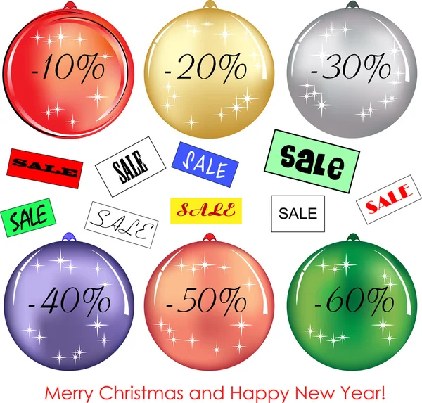 Set of six decorative balls with Christmas discounts — Stock Vector